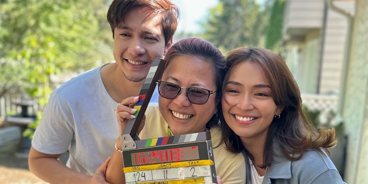 Kathryn Bernardo & Alden Richards pose with their director after filming Hello, Love, Again