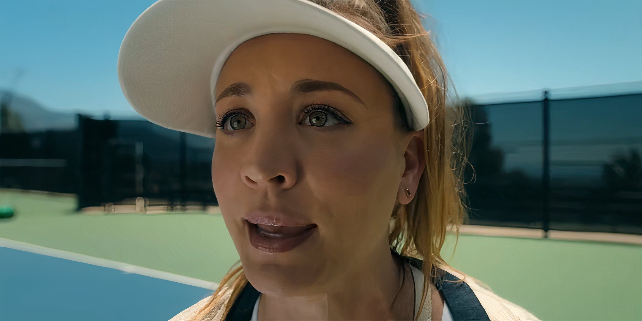 Kaley Cuoco's Ava looking upset on the tennis court in Based on a True Story season 2