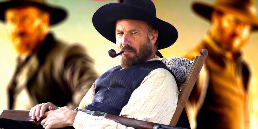 Kevin Costner as William holding his rifle and sitting in his chair against Hatfields & McCoys poster backdrop