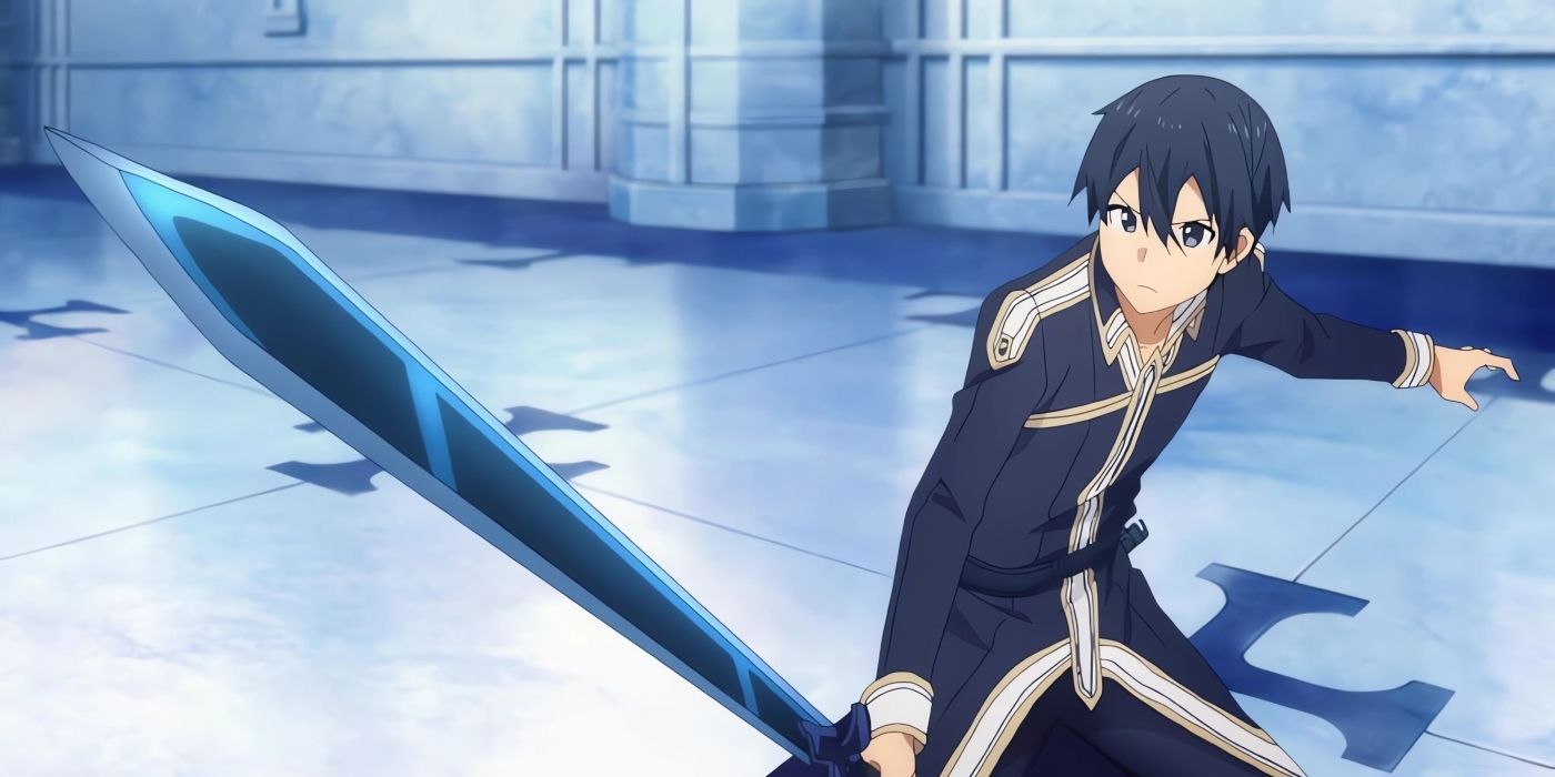 Kirito com sua roupa de Alicization, segurando sua espada e preparado para lutar. 