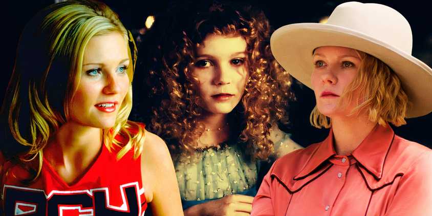 A collage of Kirsten Dunst in Bring It On, Interview With A Vampire, and The Power of the Dog