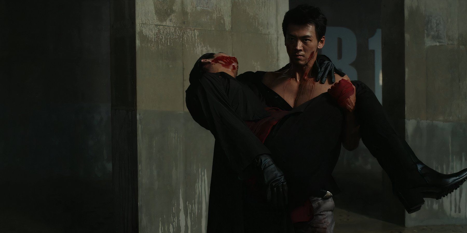 Kiryu (Ryoma Takeuchi) carrying an injured Nishiki (Kento Kaku) in Like a Dragon: Yakuza