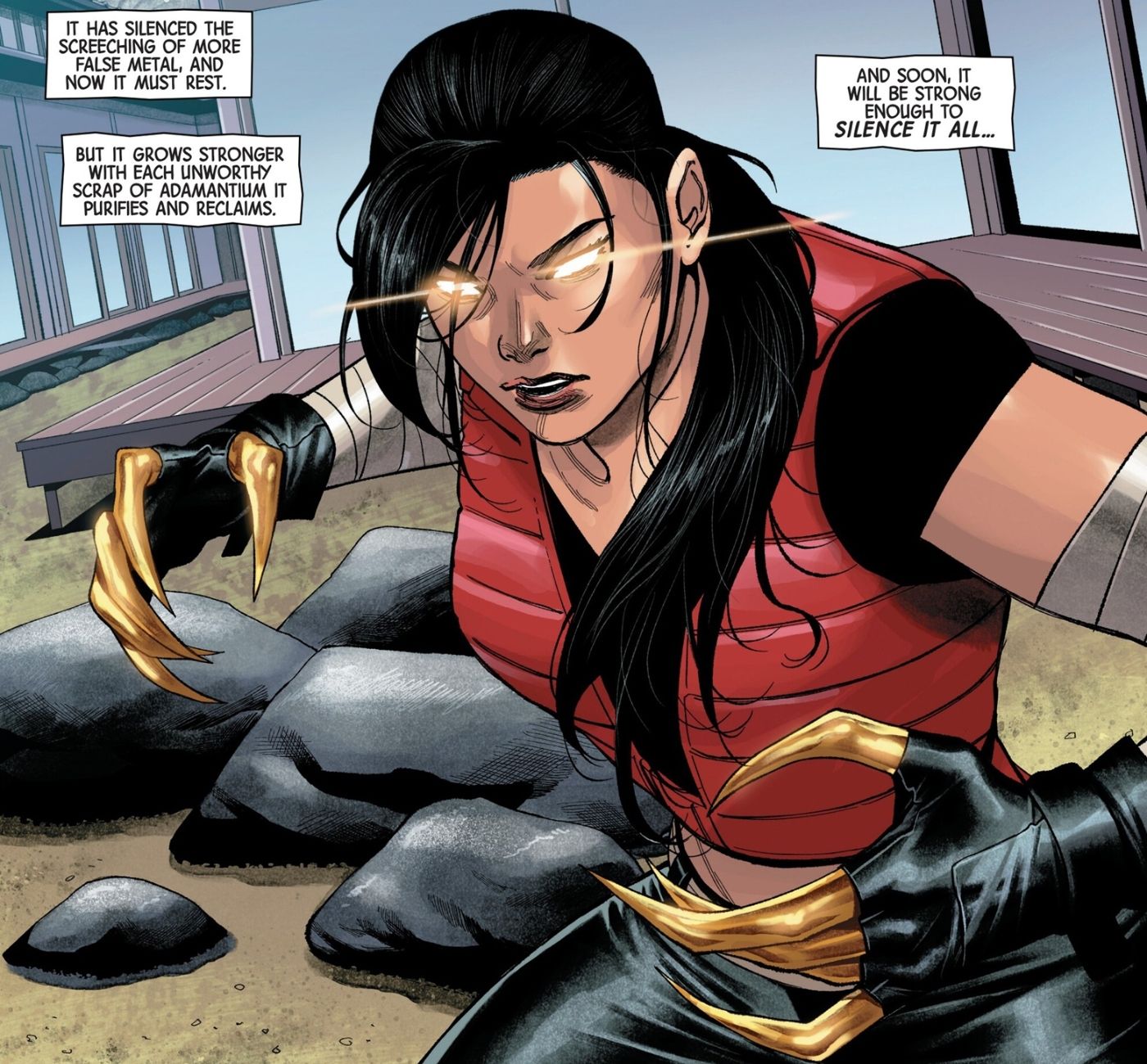 Lady Deathstrike being infected with a 'gold adamantium' upgrade.