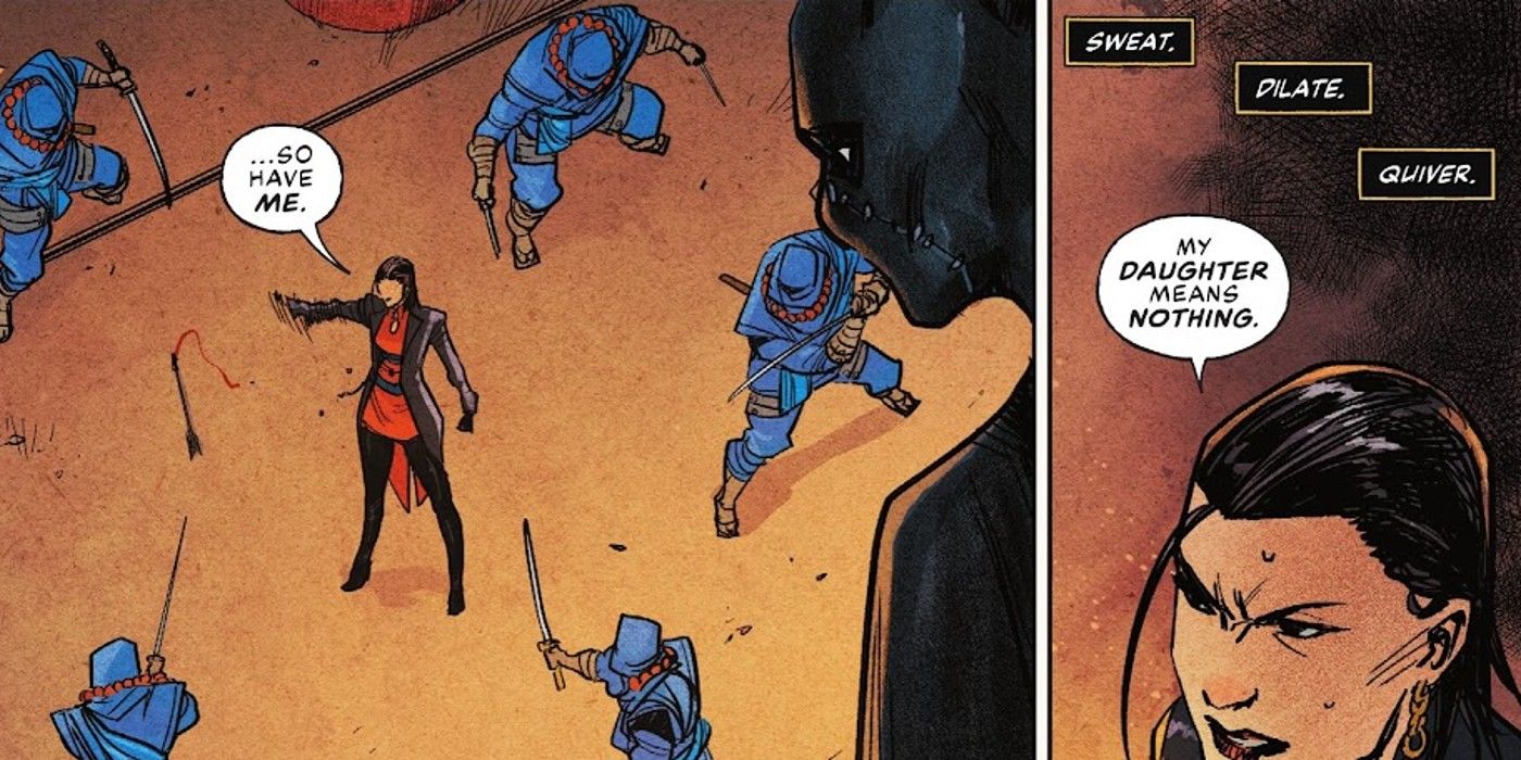 Paneles de cómics: Lady Shiva se sacrifica por Cassandra Cain.