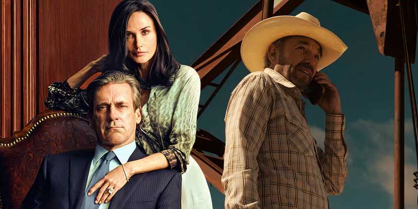 A composite image of Demi Moore standing with Jon Hamm in front of Billy Bob Thornton in Landman
