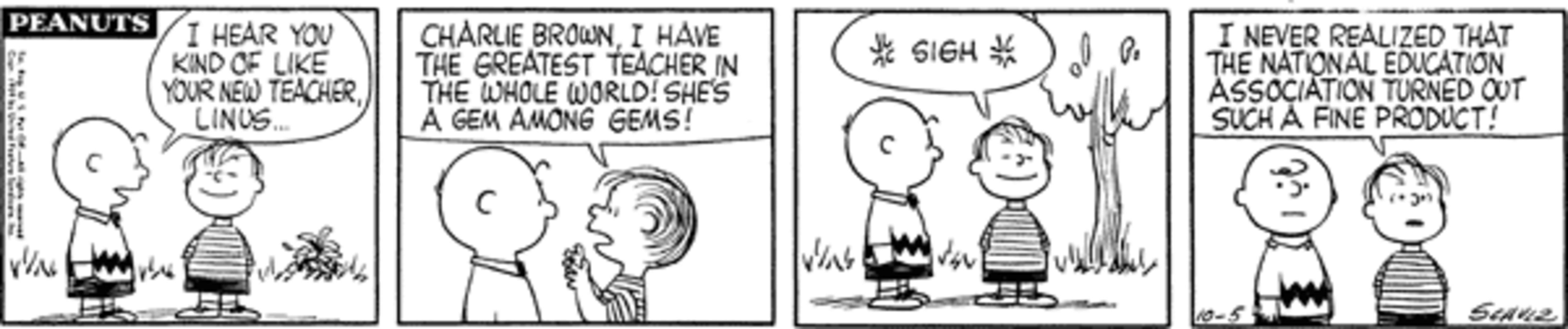 Tira de amendoim: Linus conversando com Charlie Brown sobre a senhorita Othmar.