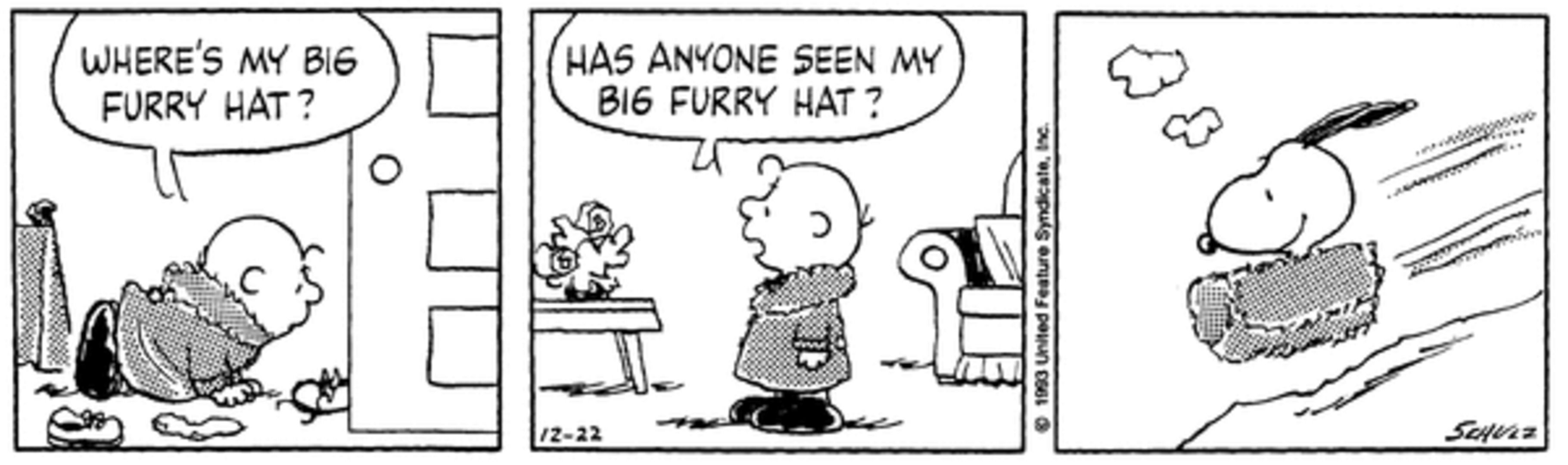 Peanuts strip: Snoopy sledding on the snow with Charlie Brown&rsquo;s furry hat.