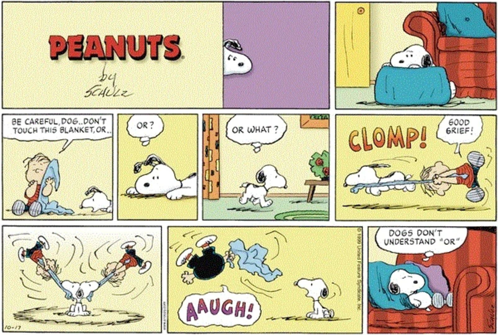 Peanuts strip: Snoopy tearing Linus's blanket from him.