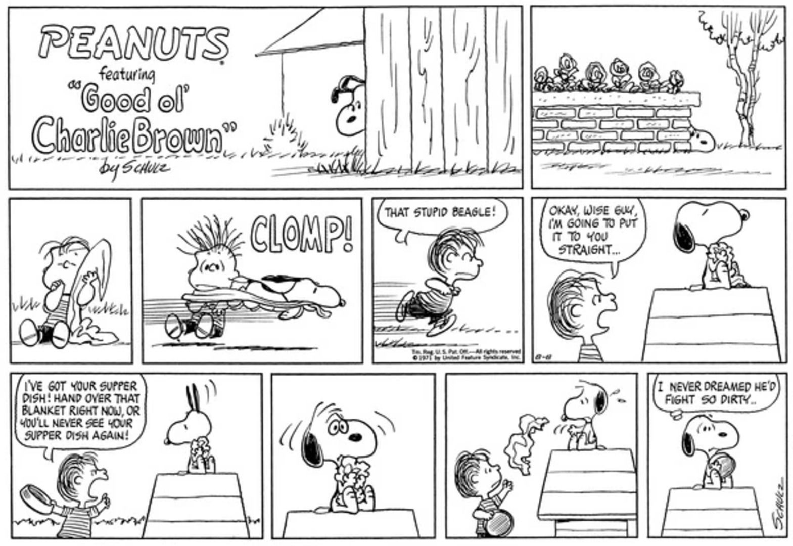 Peanuts strip: Linus threatening Snoopy&rsquo;s supper dish for his stolen blanket.