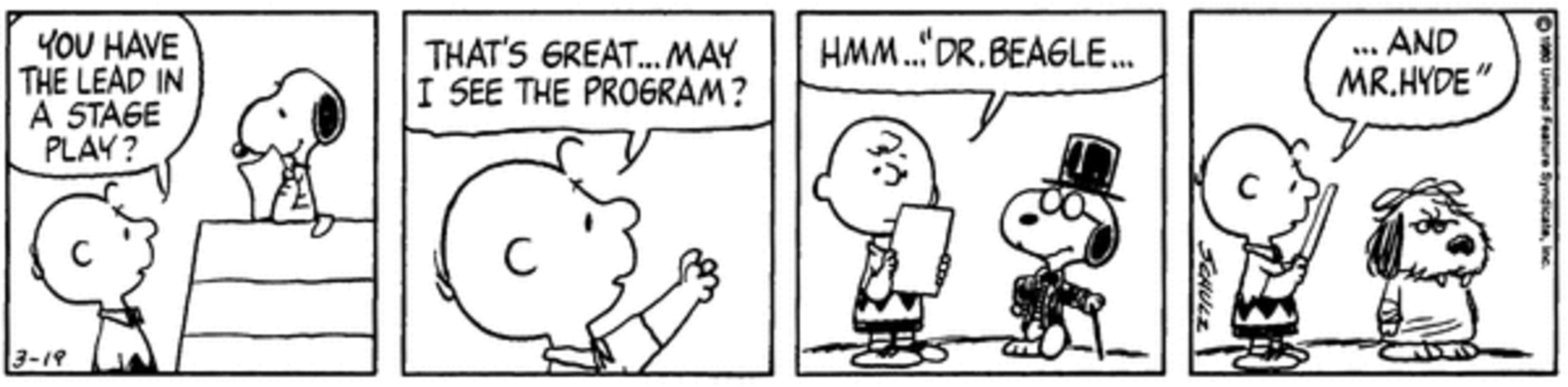 Tira de amendoim: Snoopy como o personagem do Dr. Jekyll, Dr.