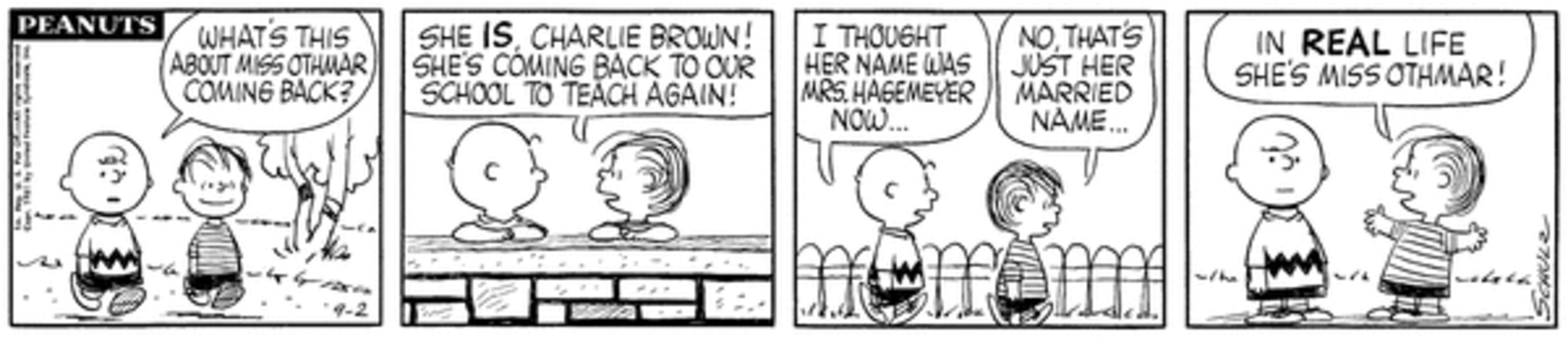 Tira de amendoim: Linus falando sobre Miss Othmar para Charlie Brown.