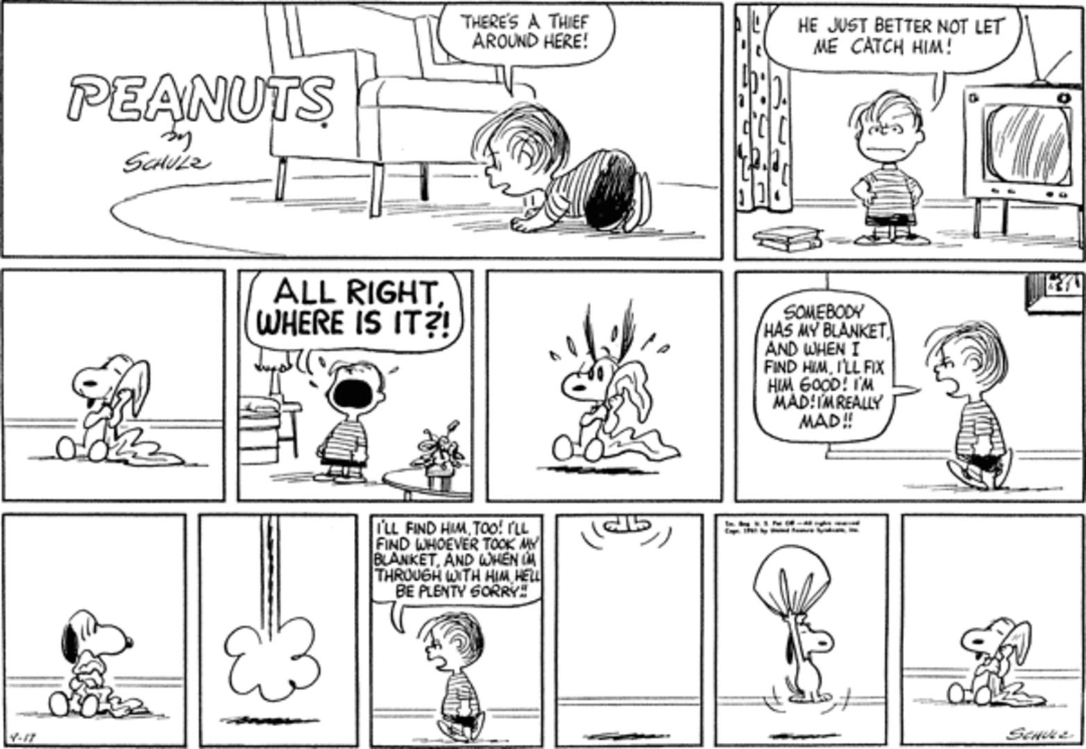 Peanuts strip: Linus threatening a scared Snoopy about stealing his blanket.