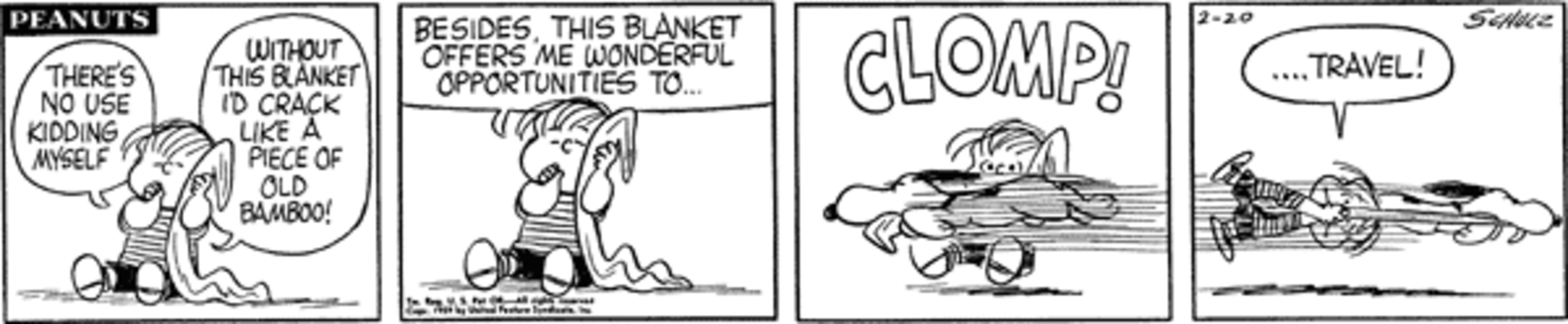 Peanuts strip: Snoopy stealing Linus's blanket.