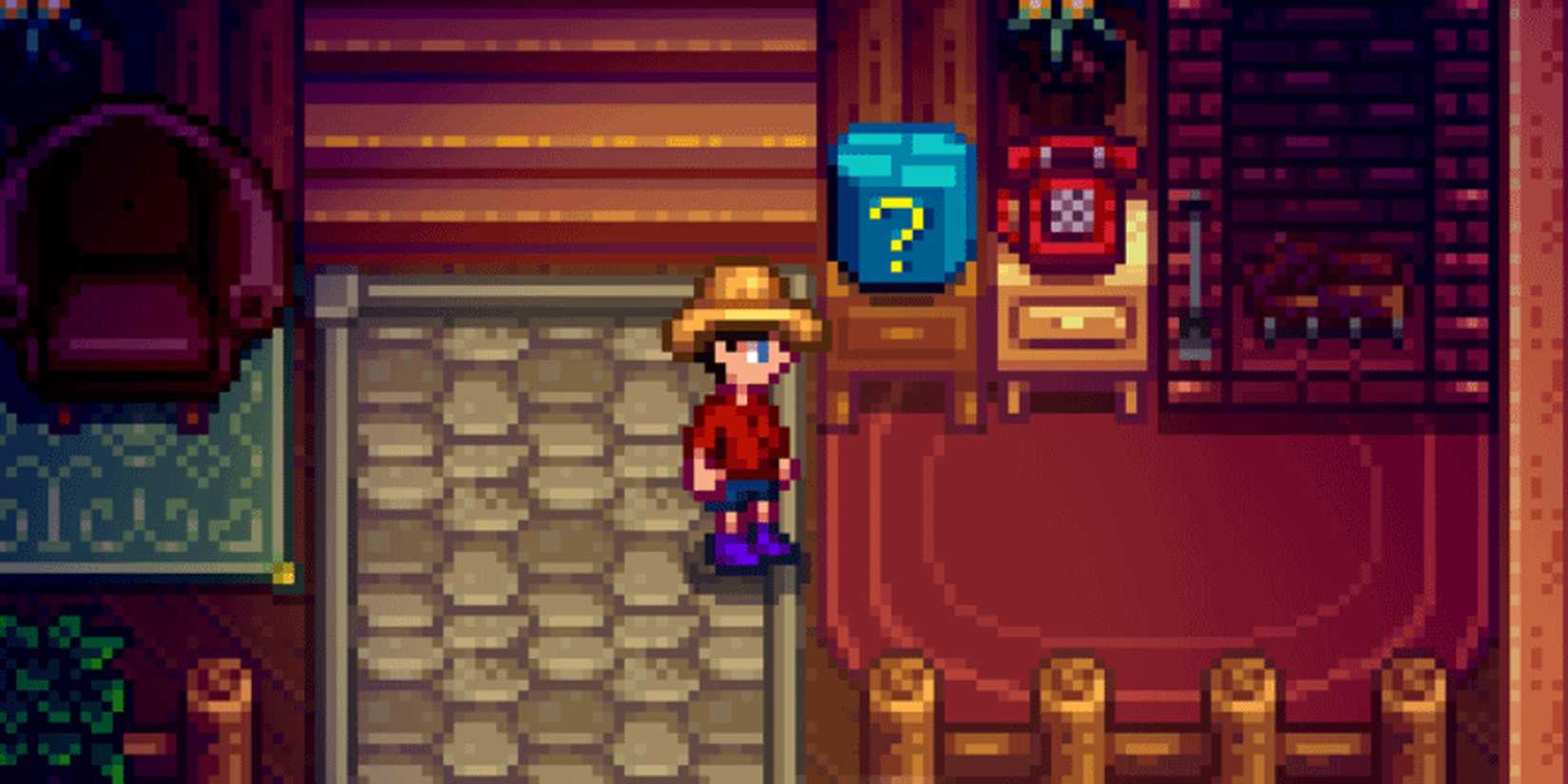 Stardew Valley player standing next to a Mystery box on a table.