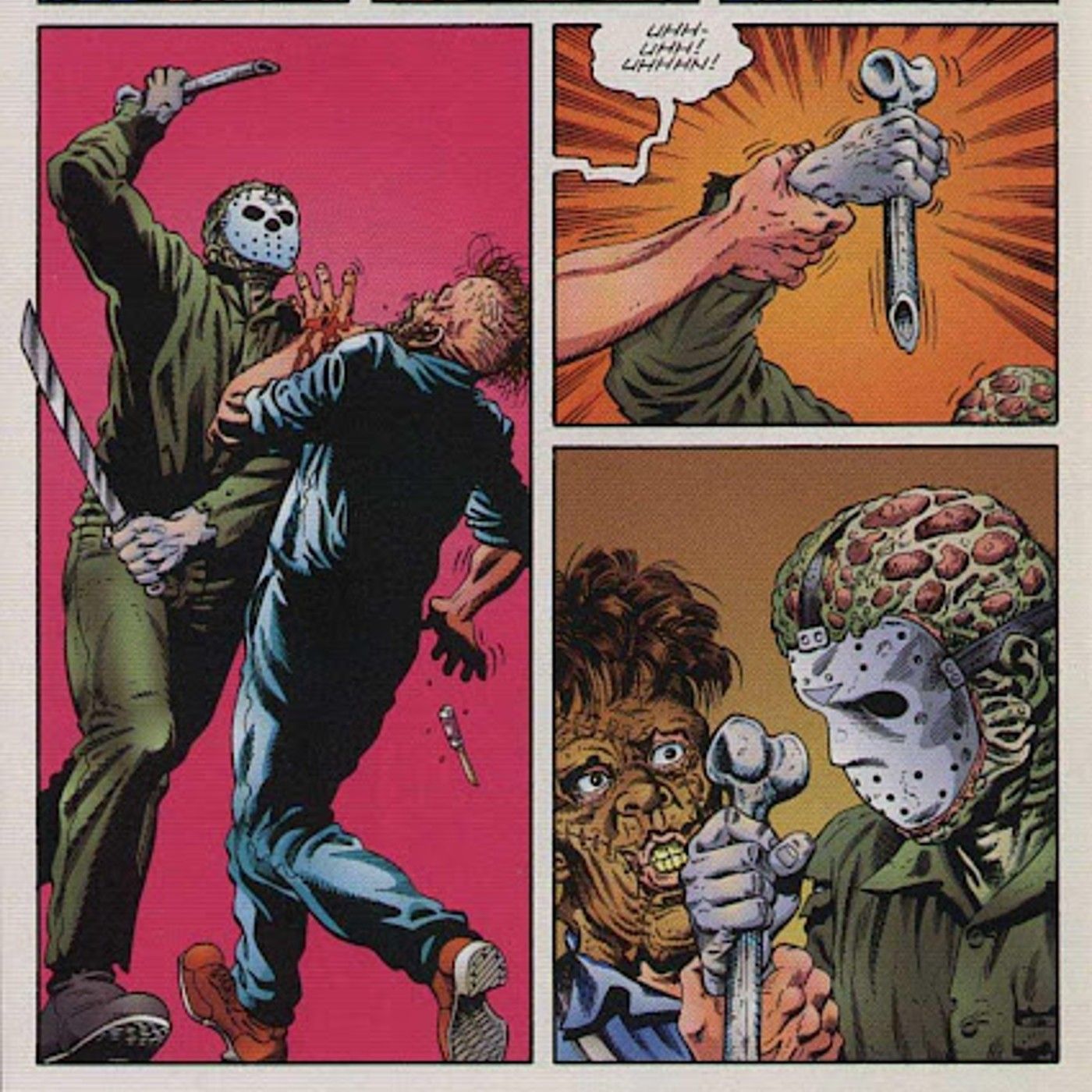 Comic book panels: Leatherface from The Texas Chainsaw Massacre stops Jason Voorhees of Friday the 13th from killing Nubbins Sawyer The Hitchhiker