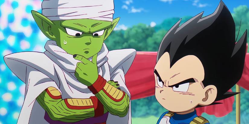 Little Vegeta looks at a thinking Little Piccolo in Dragon Ball Daima