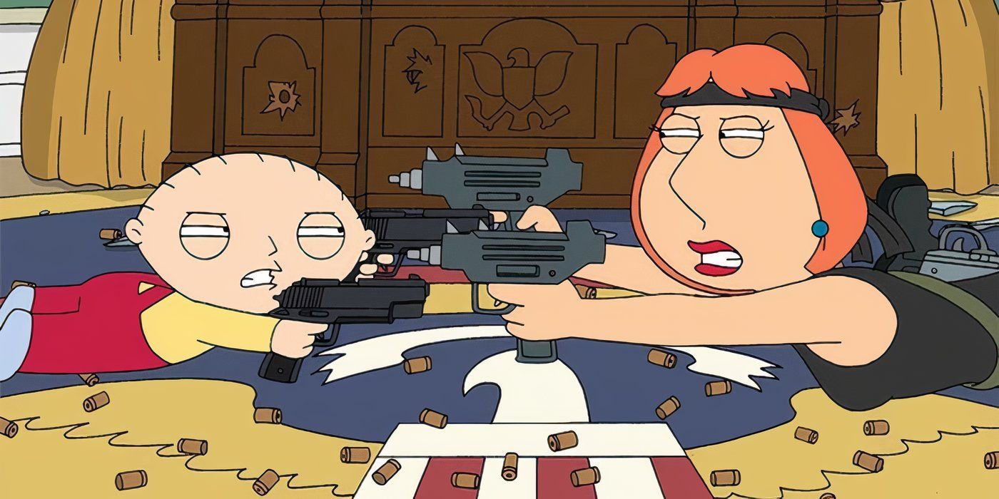 Lois and Stewie in a gunfight in Family Guy