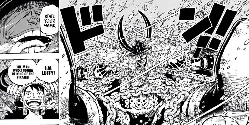 Loki chained up to a rock as Luffy approaches him. 