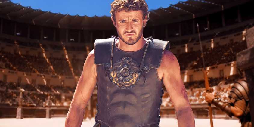 Paul Mescal as Lucius from Gladiator 2 (2024) above a blurred image of the Colosseum from Gladiator (2000)