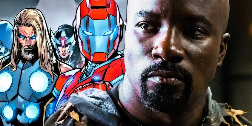 MCU's Luke Cage with the Ultimate Universe's Iron Lad, Thor, and Sif behind him.