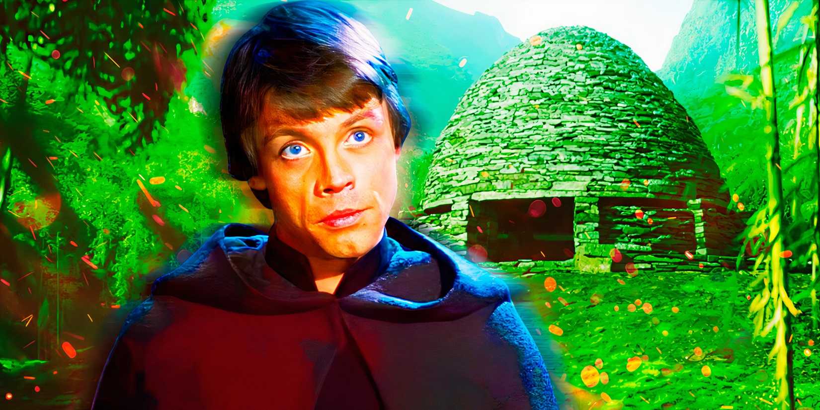 Luke Skywalker (Mark Hamill) faces Jabba the Hutt in Return of the Jedi, edited over the first structure on Ossus.