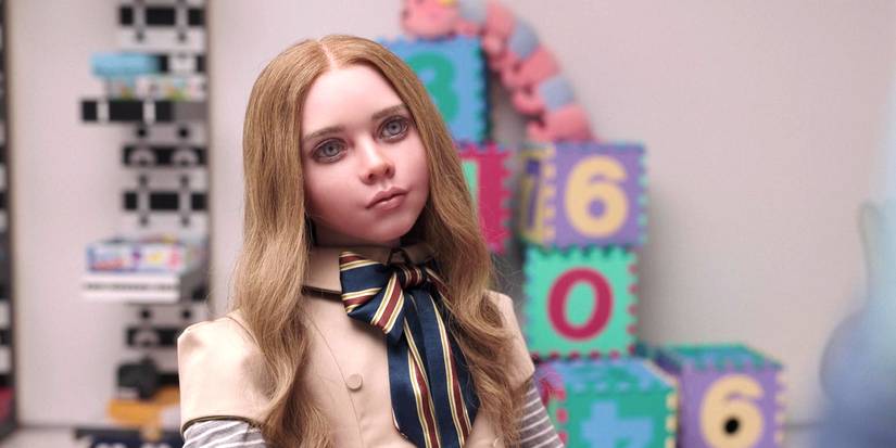 M3gan with her head cocked in a test playroom in M3GAN