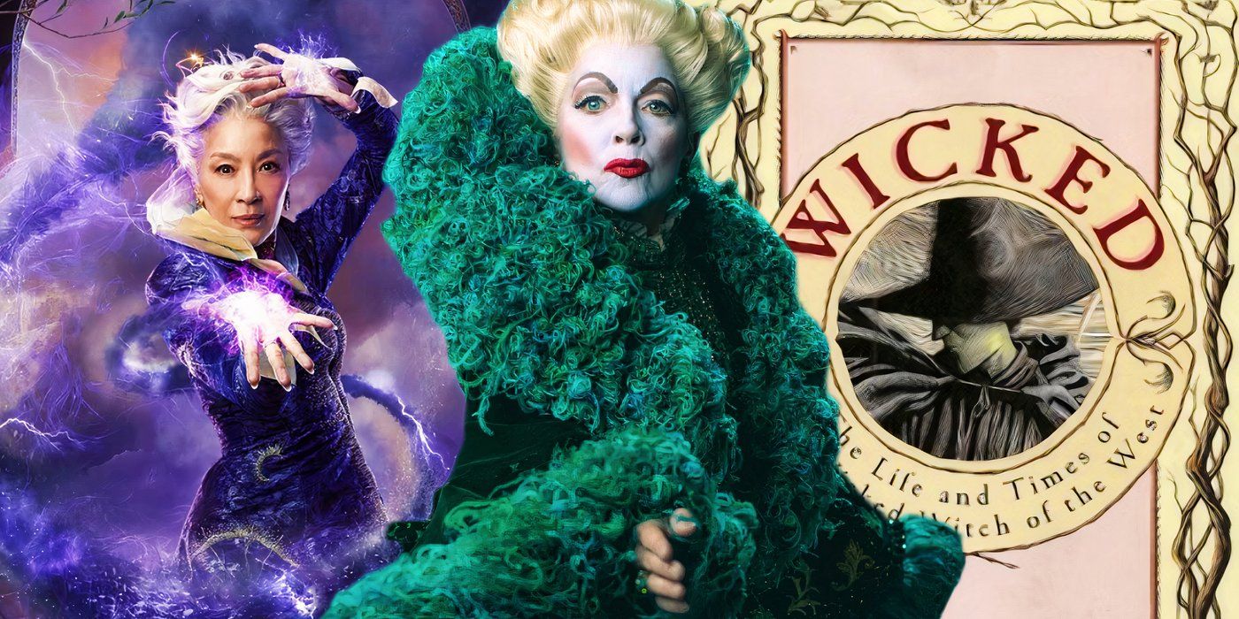 Madame Morrible from the Wicked movie (2024) and Broadway play next to the cover for the Wicked book (1995)