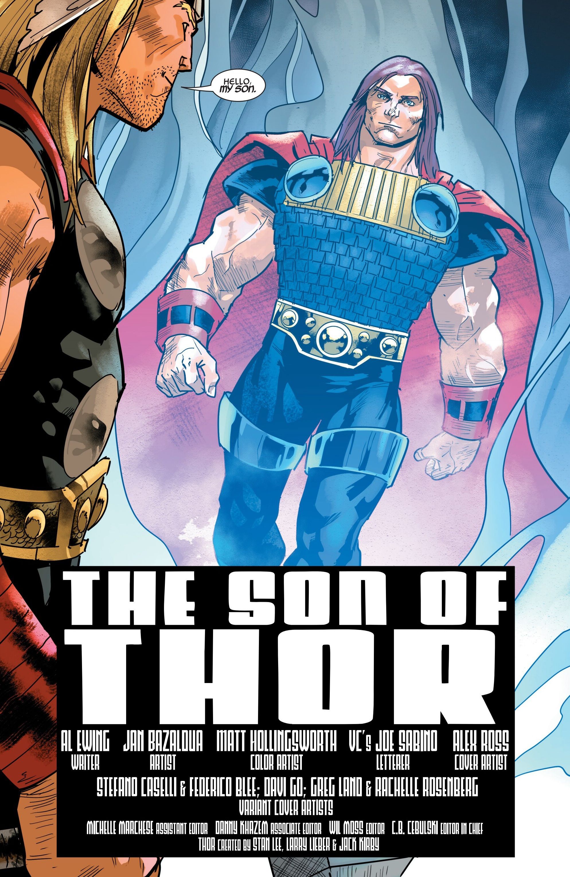 Magni, filho de Thor, retorna em Immortal Thor #17, parado na frente de seu pai, que está em primeiro plano