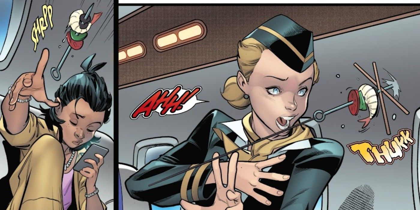 Comic book panels: Makawalu Akana aka Spider-Girl nearly skewers a stewardess on her and Bullseye&rsquo;s flight to Madripoor