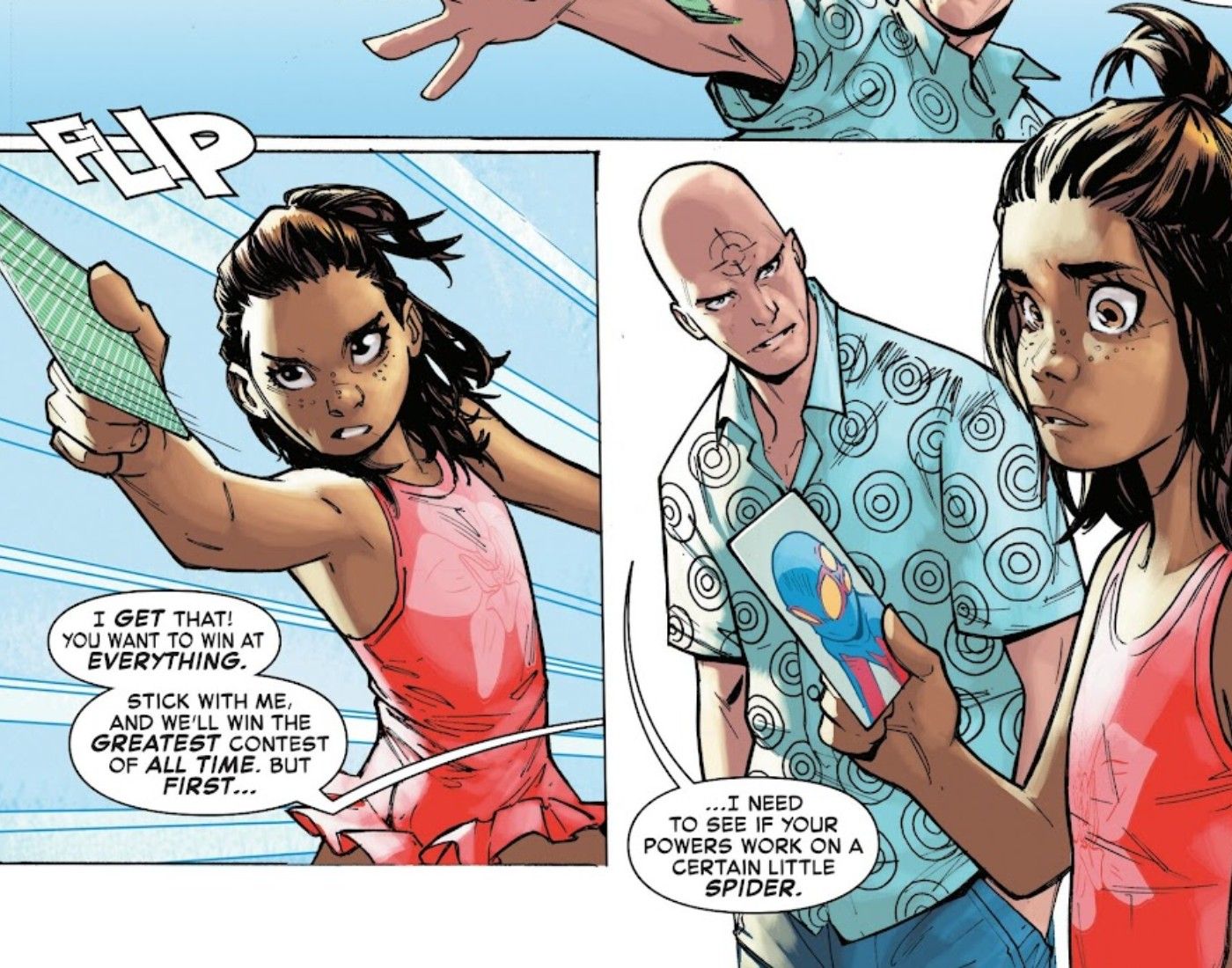 Comic book panels: Bullseye offers to train Spider-Girl to fight Spider-Boy and Daredevil