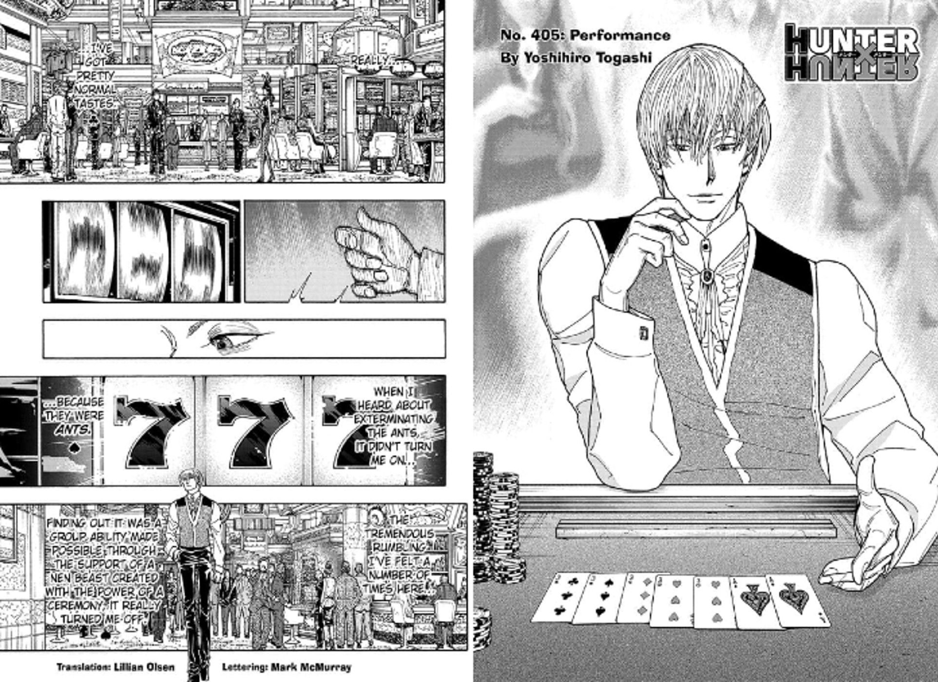 manga panel of Hisoka playing poker at the casino