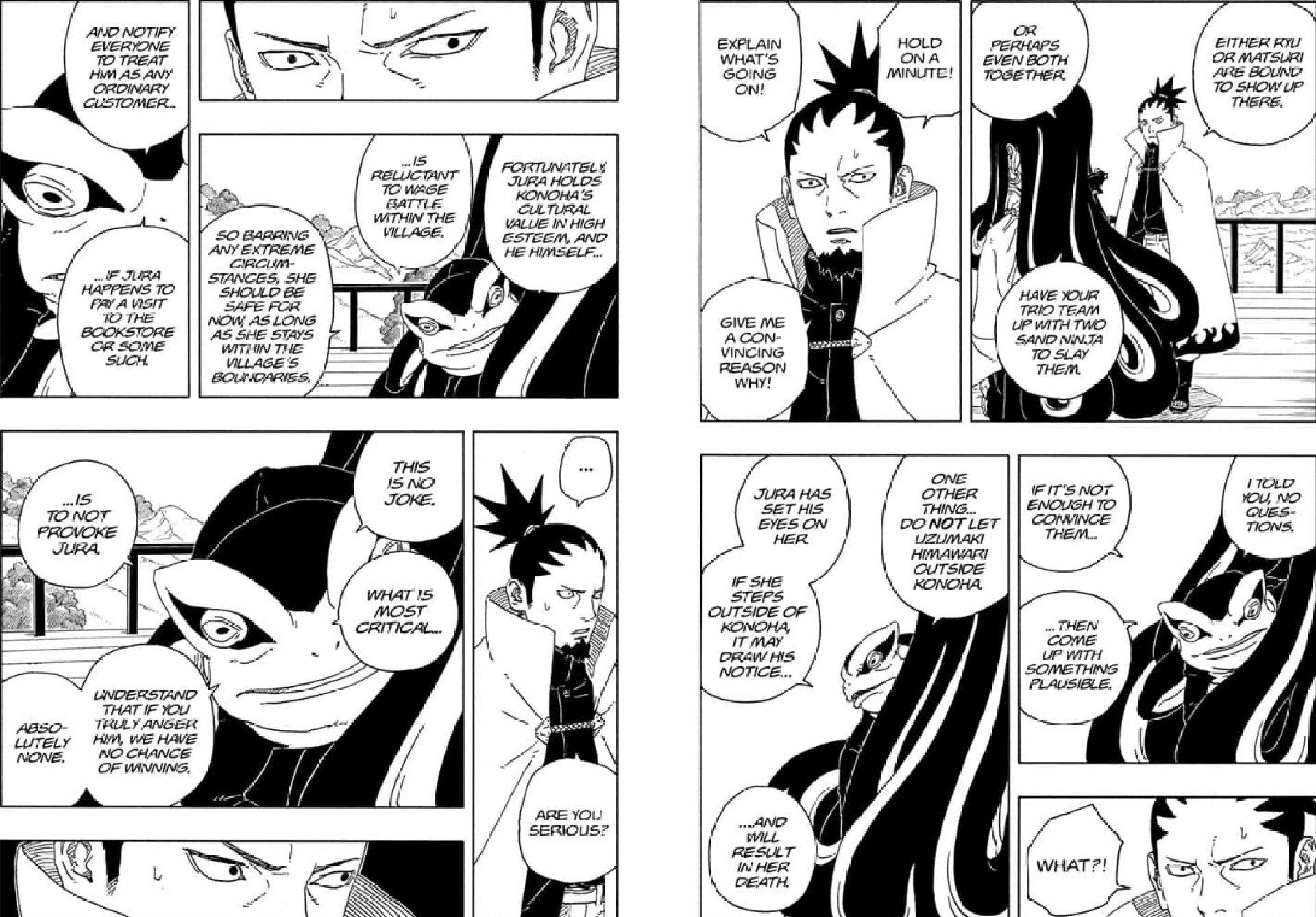 Painel de mangá de Shikamaru conversando com Kashin Koji através de um sapo e presente de Eida