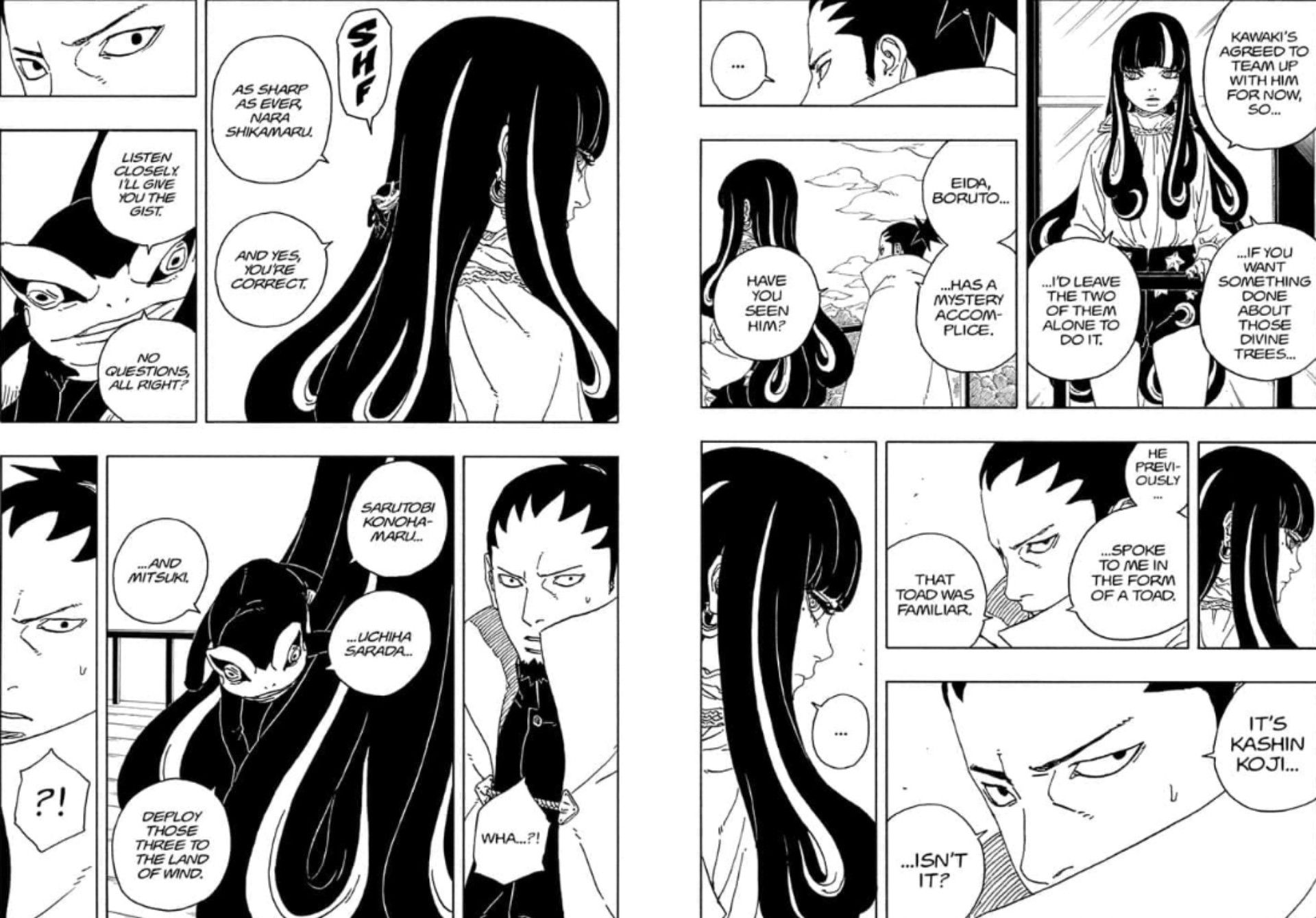 Painel de mangá de Shikamaru conversando com Kashin Koji através de um sapo