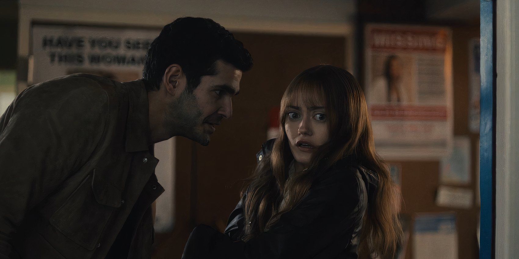 Marcus (Dino Kelly) looking aggressively at a scared looking Rhiannon (Ella Purnell) in Sweetpea episode 5