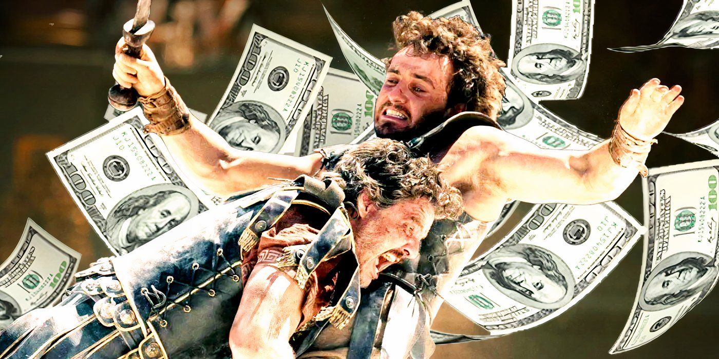 Marcus pulls down Lucius in battle in Gladiator 2 with money falling in the background