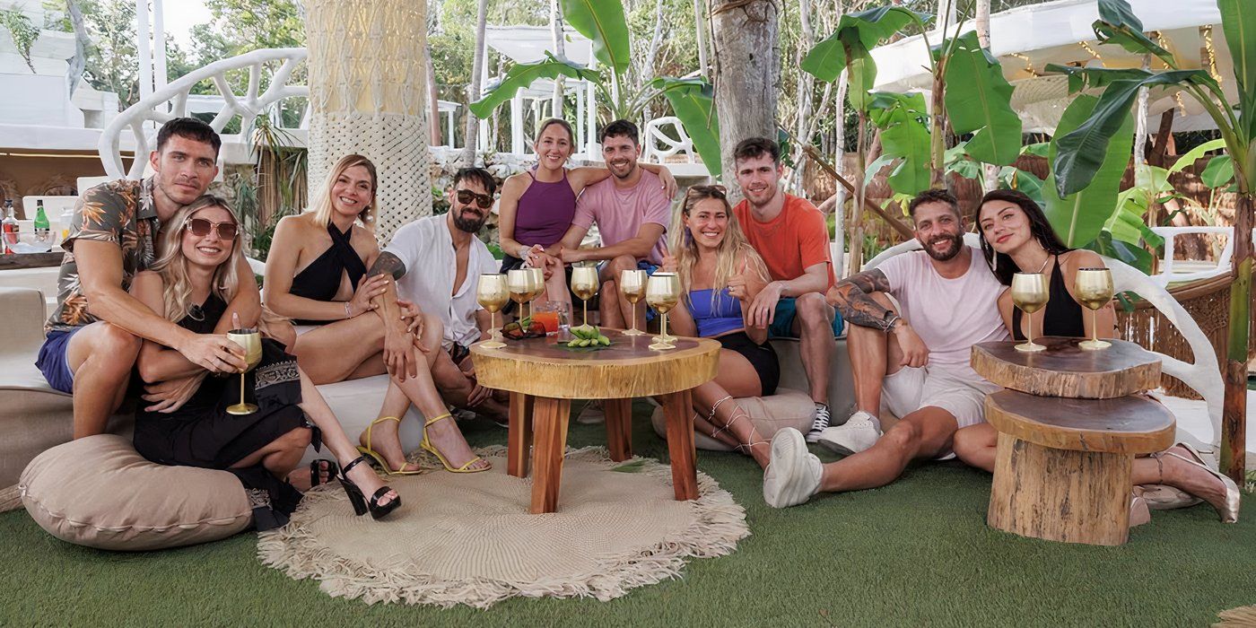 Love Is Blind Argentina season 1 Maria Emilia & other cast members seated next to Mauricio in a black top while smiling