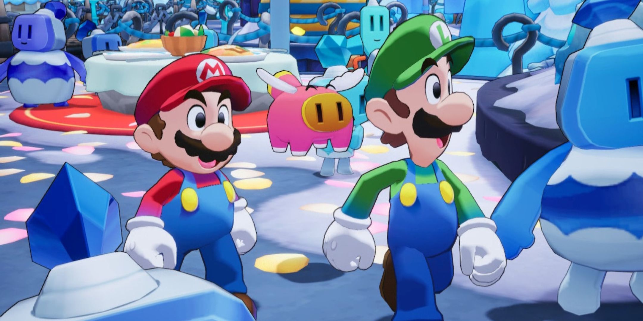 Mario Luigi and Snoutlet walking around on Slippenglide Island in Mario and Luigi Brothership