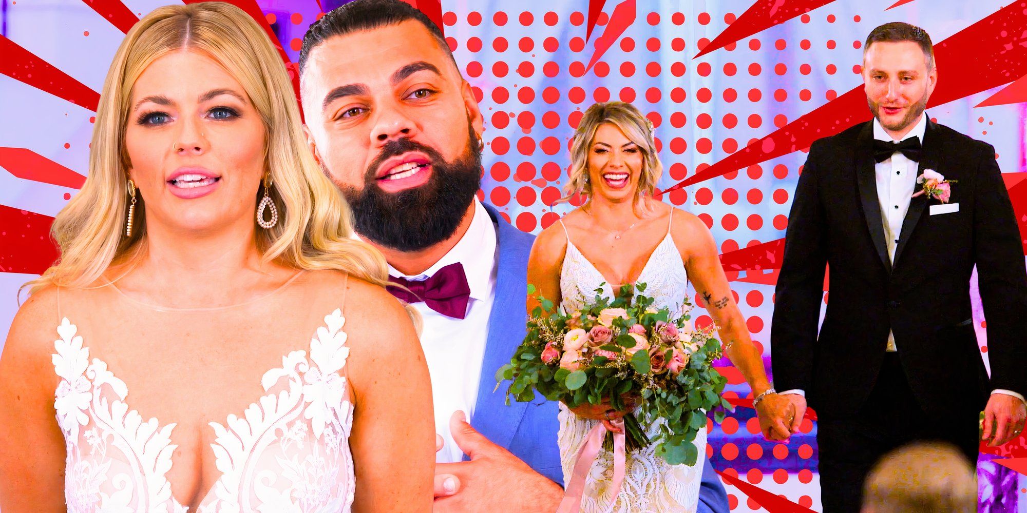 married at first sight 18 cast members david and machelle in wedding themed montage with dotted background