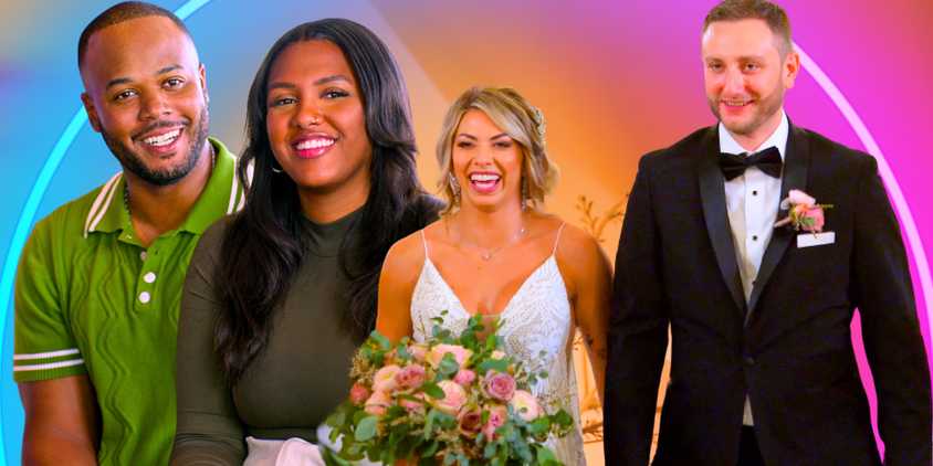 Married at First Sight Love Is Blind Tim and Alex & Madison and Allen in side by side images looking happy