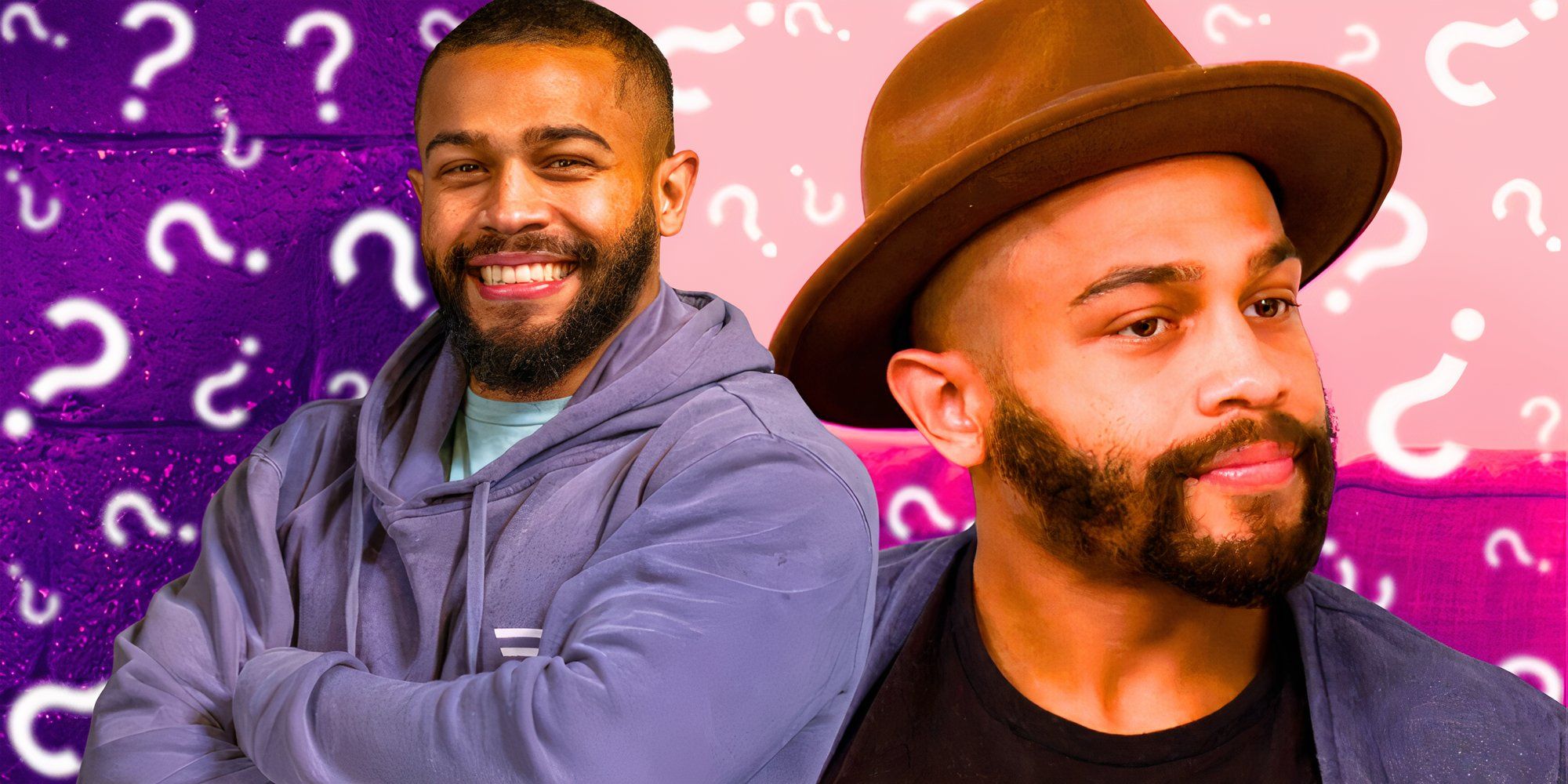 married at first sight montage with ryan oubre in two poses, smiling and serious, with question marks in background