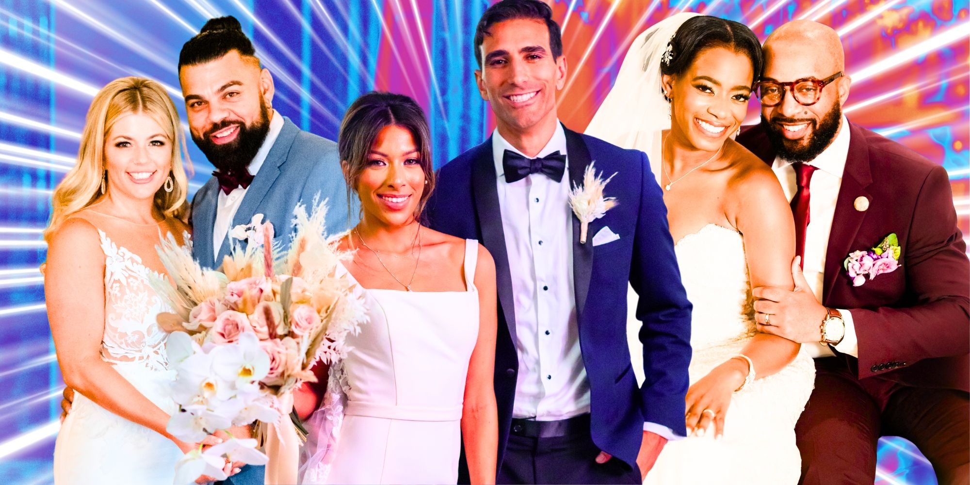 MAFS' Michelle & David, Juan & Karla, Emem & Ikechi smile while wearing wedding attire.