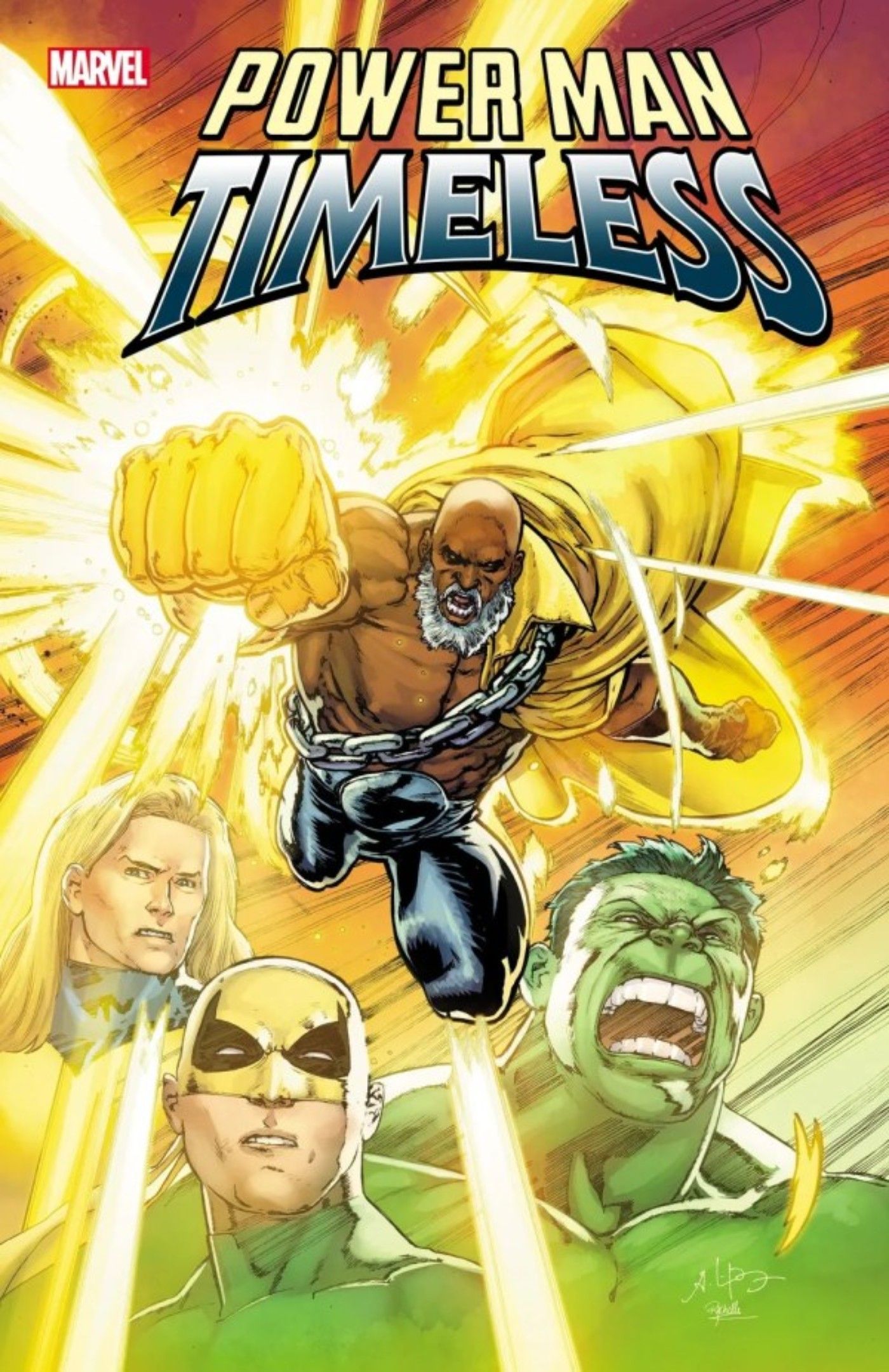 Capa atemporal do Marvel Power Man mostrando Luke Cage voando pelo ar