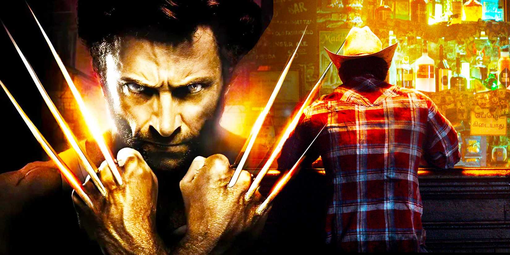 Hugh Jackman's Wolverine next to Logan sitting at a bar, back to the camera, from the teaser for Marvel's Wolverine.