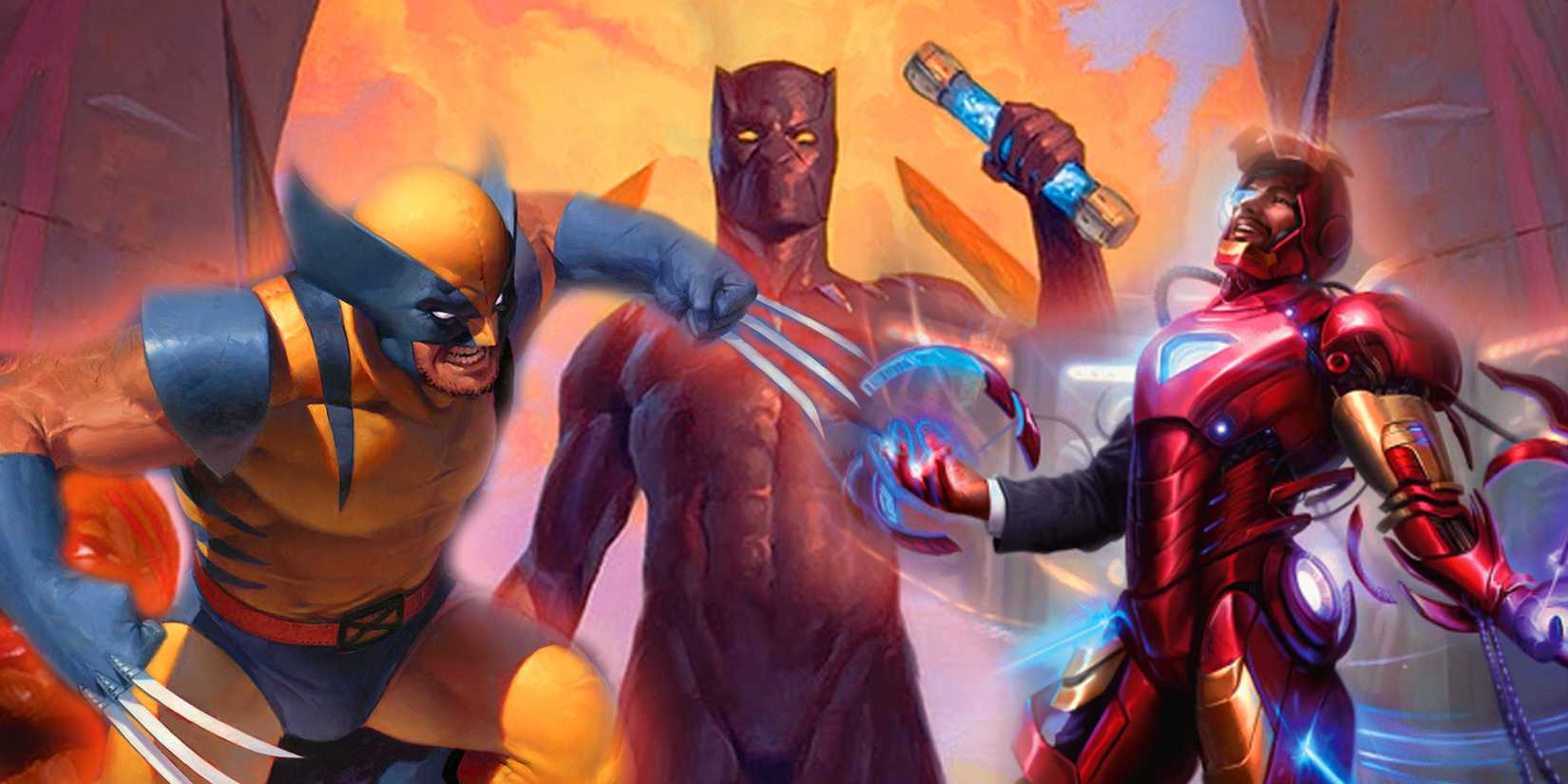Wolverine, Black Panther, and Iron Man together MtG Secret Lair art.