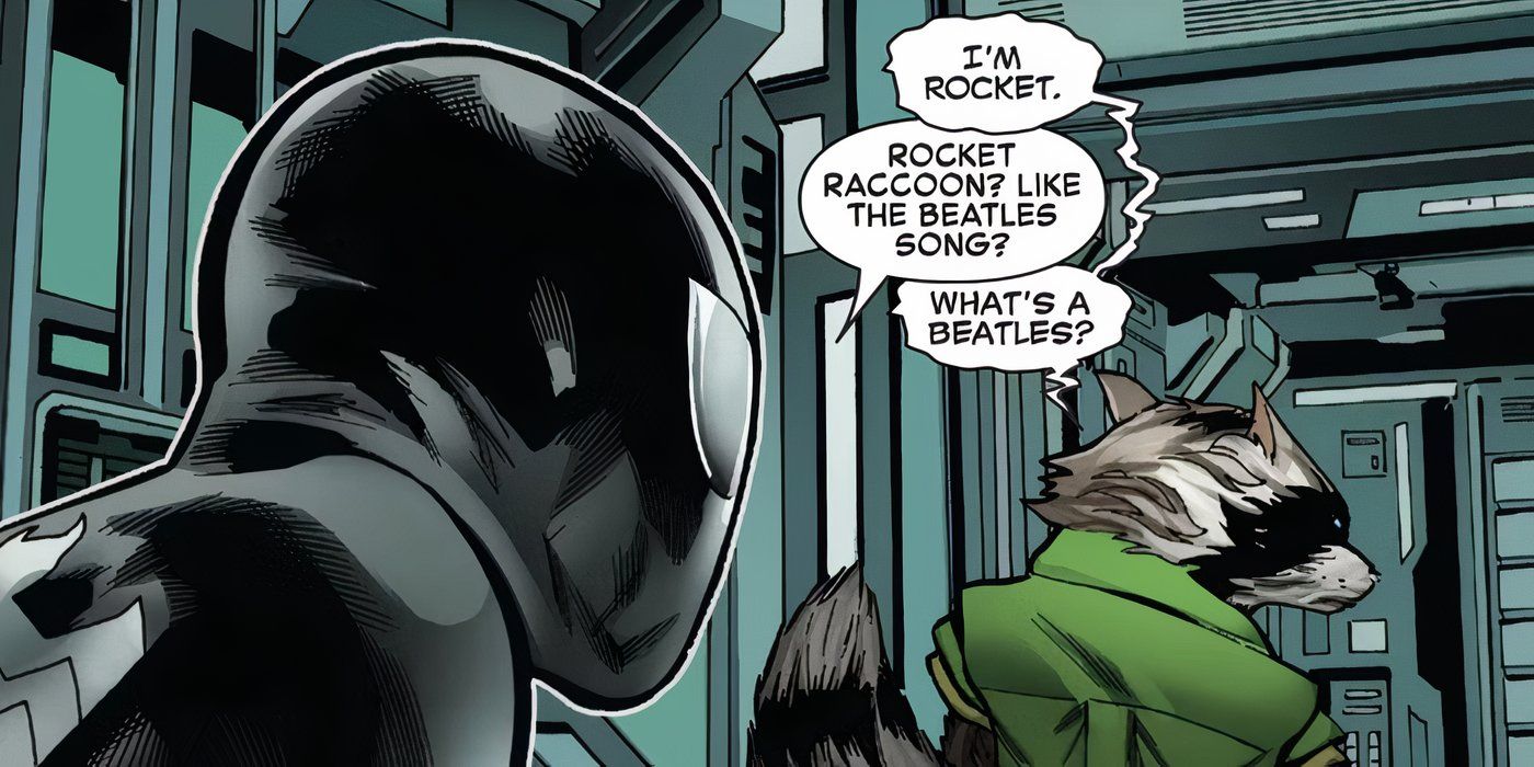 Homem-Aranha perguntando se o nome de Rocket Raccoon foi inspirado em uma música dos Beatles.