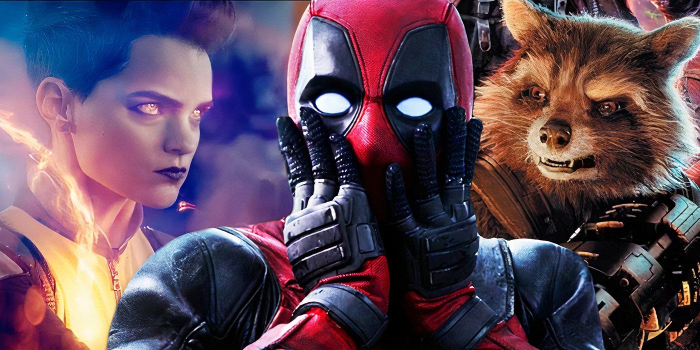 Deadpool with Rocket Raccoon and Negasonic Teenage Warhead behind him.