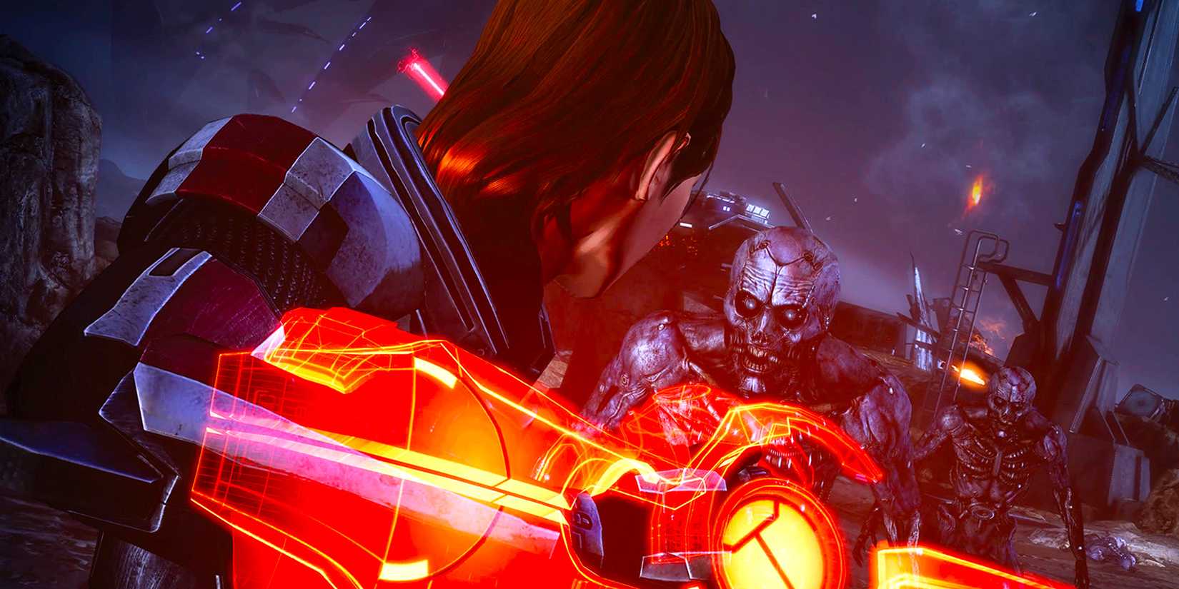 Mass Effect Shepard with the Omni-BLade facing down enemies.