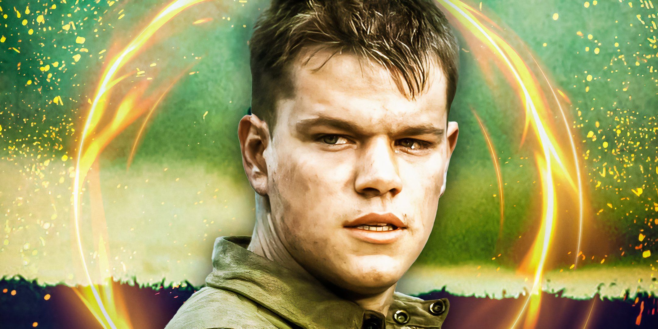 Matt Damon as James Ryan in Saving Private Ryan (1998) surrounded by a bright ring