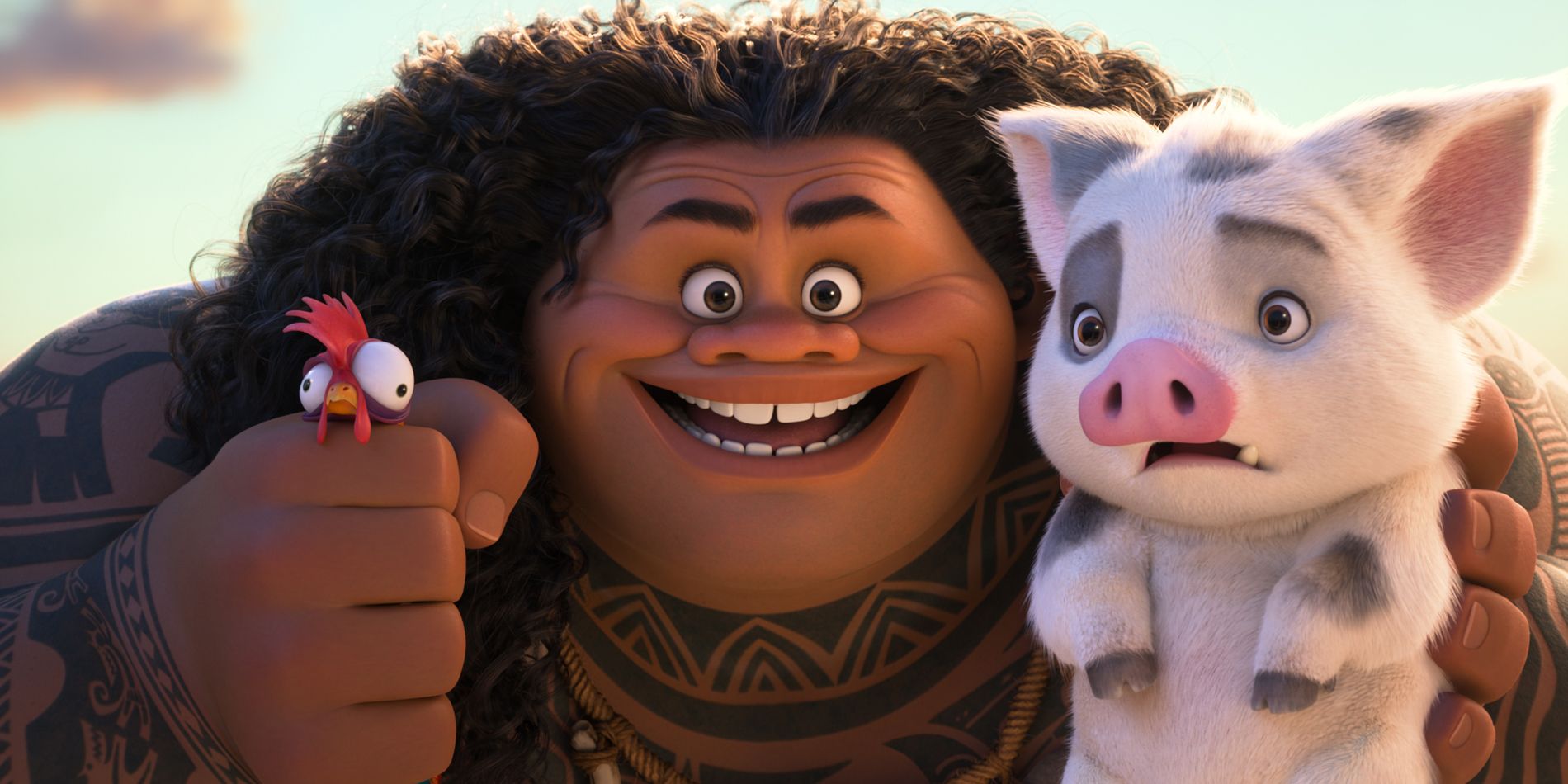 Maui with chicken and pig in Moana 2