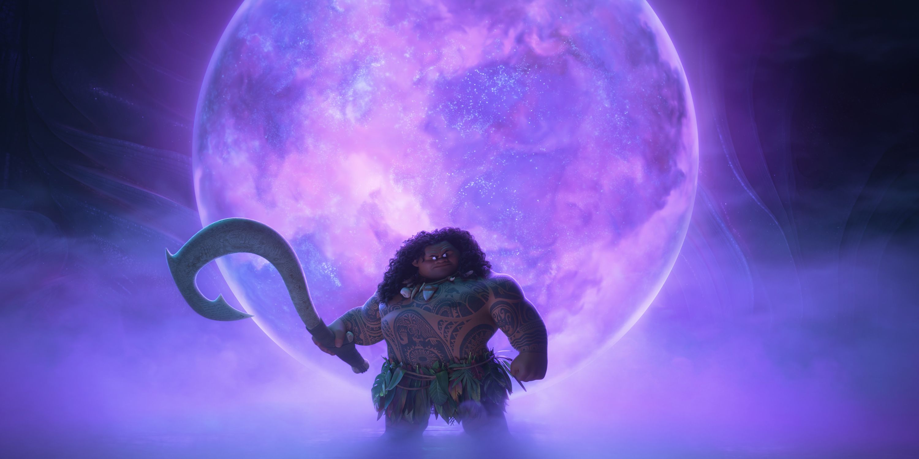 Maui con su gancho frente a una burbuja morada en Moana 2